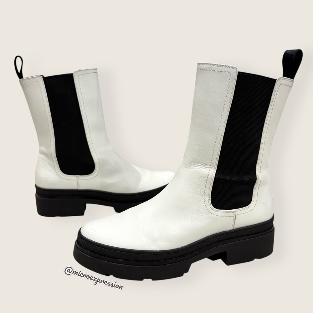 $499 Frye Chloe White Real Leather Black Retro Comfy Elastic Pull On Ankle Boot - Picture 8 of 16